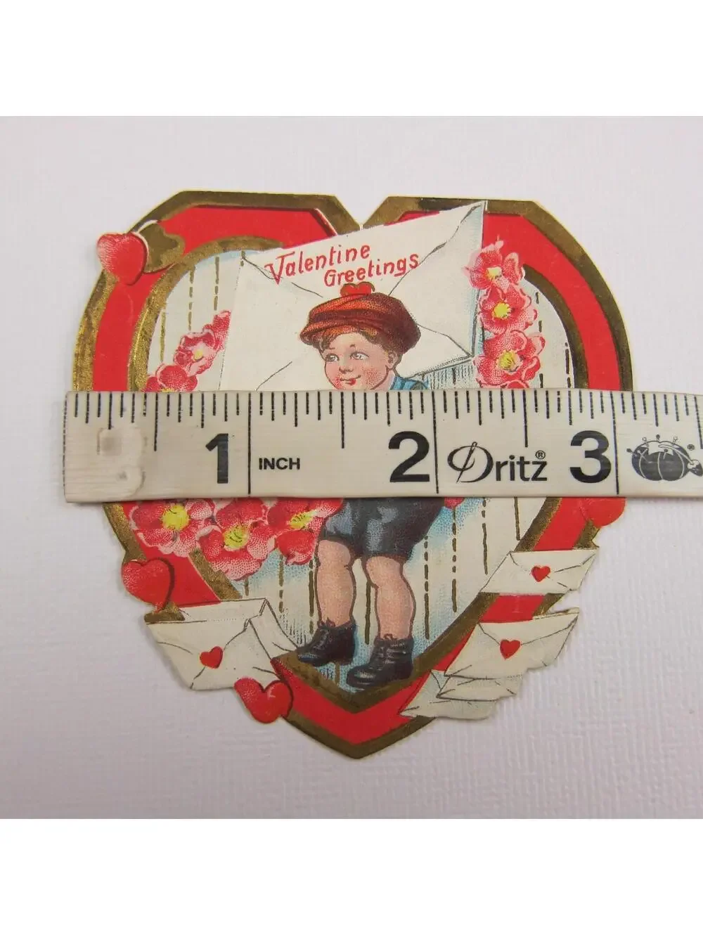 Vintage Valentine Card Die cut Boy Hat Red Rose Flowers Hearts Red Gold UNSIGNED